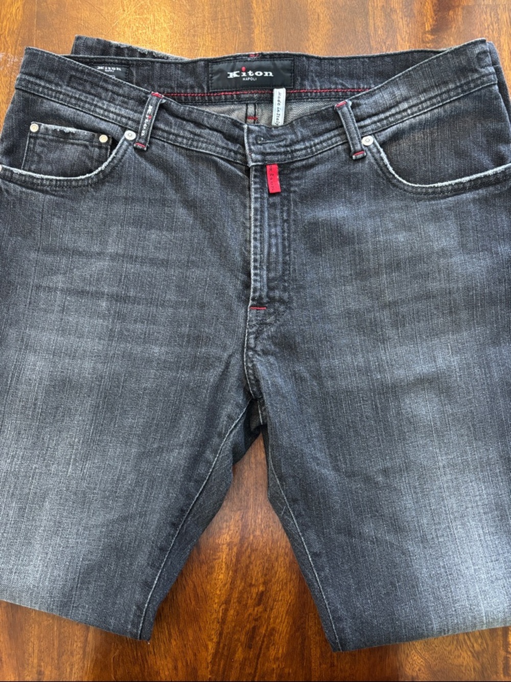 KITON Men's Slim Cut Black Wash Jeans with Red Accent Sz 36